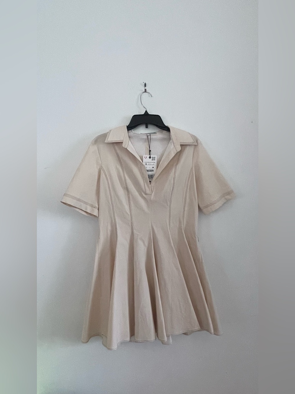 NWT. Zara Cream Short-Sleeve Collared Fit-and-Flare Mini Dress